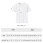T-shirt size chart for Gildan 64000 showing width, length, and sleeve length with imperial and metric measurements.