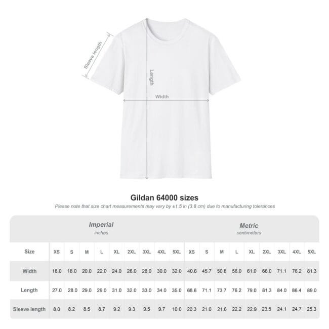 T-shirt size chart for Gildan 64000 showing width, length, and sleeve length with imperial and metric measurements.