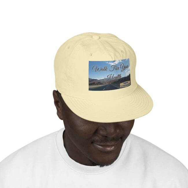 Beige baseball cap with a front rectangular graphic reading 'Walk For Your Health'.
