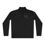 Black quarter-zip pullover with a stand-up collar and small left-chest embroidery plus a tiny label nearby logo