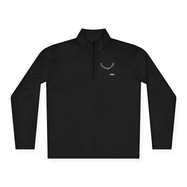 Black quarter-zip pullover with a stand-up collar and small left-chest embroidery plus a tiny label nearby logo