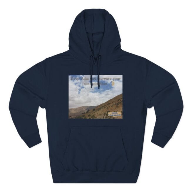 Navy hoodie with a rectangular landscape print of hills and a cloudy blue sky on the chest area.