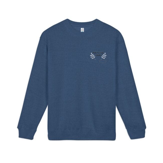 Blue crewneck sweatshirt featuring a small embroidery on the left chest that says 'Walk For Your Health' with laurel motifs nearby on a plain background.