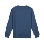 Blue crewneck sweatshirt shown from the back, long sleeves with ribbed cuffs and hem.