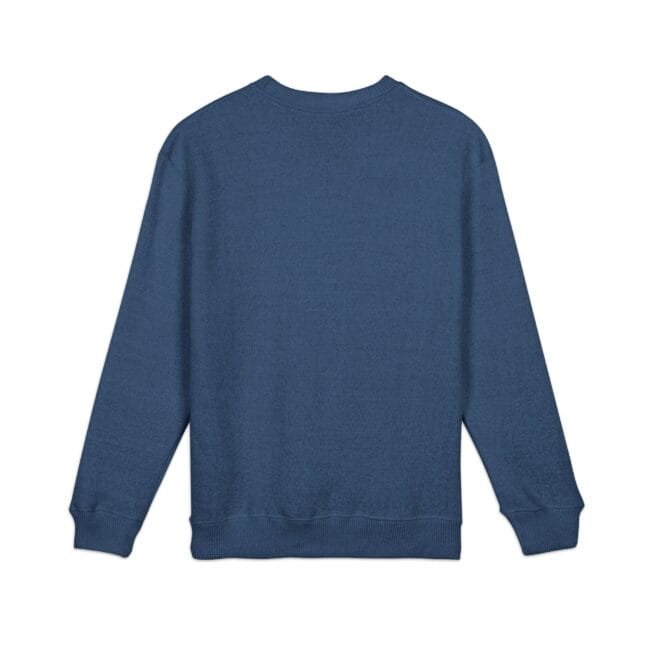 Blue crewneck sweatshirt shown from the back, long sleeves with ribbed cuffs and hem.