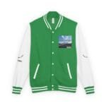 Green varsity jacket with white sleeves and white striped cuffs and collar; small chest patch showing a road and the text 'Walk For Your Health'.