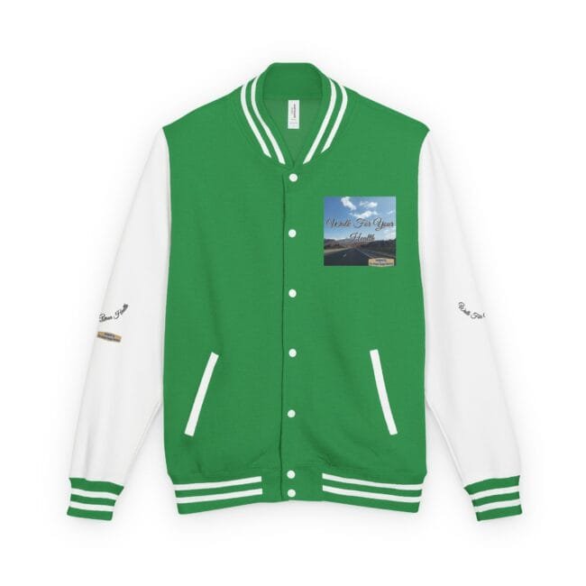 Green varsity jacket with white sleeves and white striped cuffs and collar; small chest patch showing a road and the text 'Walk For Your Health'.