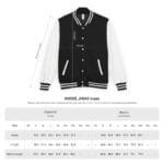 Black and white varsity jacket displayed with measurement arrows for length, width, and sleeve length; sizing chart for AWDIS JH043 shown below.