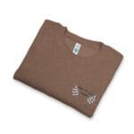 Brown folded knit sweater with embroidered white leaf design and the text 'Walk For Your Health' on the front.