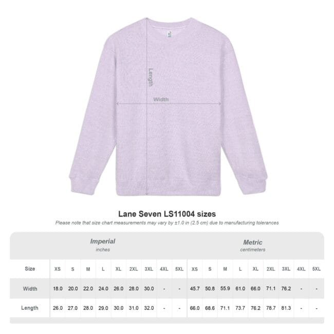 Sweatshirt with overlaid length and width measurement guides and a size chart labeled Lane Seven LS11004 sizes.