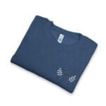 Folded blue knit sweater with white leaf embroidery and the text 'Walk For Your Health' on the front.