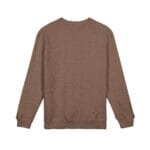 Back view of a plain brown crewneck sweatshirt with ribbed cuffs and hem, long sleeves, no visible branding.
