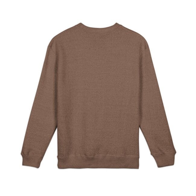 Back view of a plain brown crewneck sweatshirt with ribbed cuffs and hem, long sleeves, no visible branding.