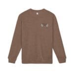 Brown crewneck sweater with small embroidered logo on the chest reading 'Walk For Your Health' and silver laurel underscores on each side.