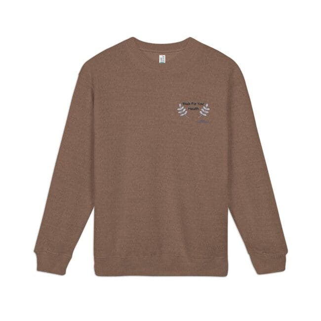 Brown crewneck sweater with small embroidered logo on the chest reading 'Walk For Your Health' and silver laurel underscores on each side.