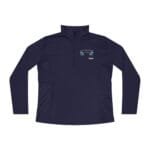 Navy long-sleeve pullover with a zip collar and teal leaf embroidery on the left chest, plus a small sponsor badge below it.