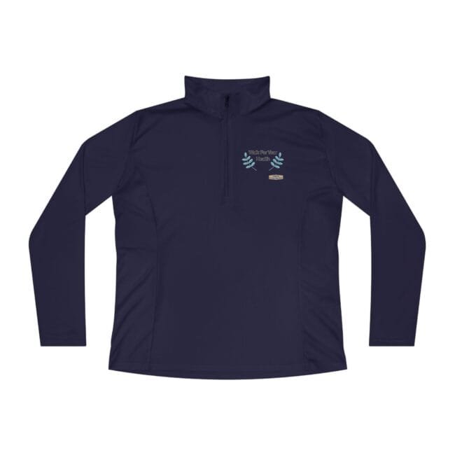 Navy long-sleeve pullover with a zip collar and teal leaf embroidery on the left chest, plus a small sponsor badge below it.