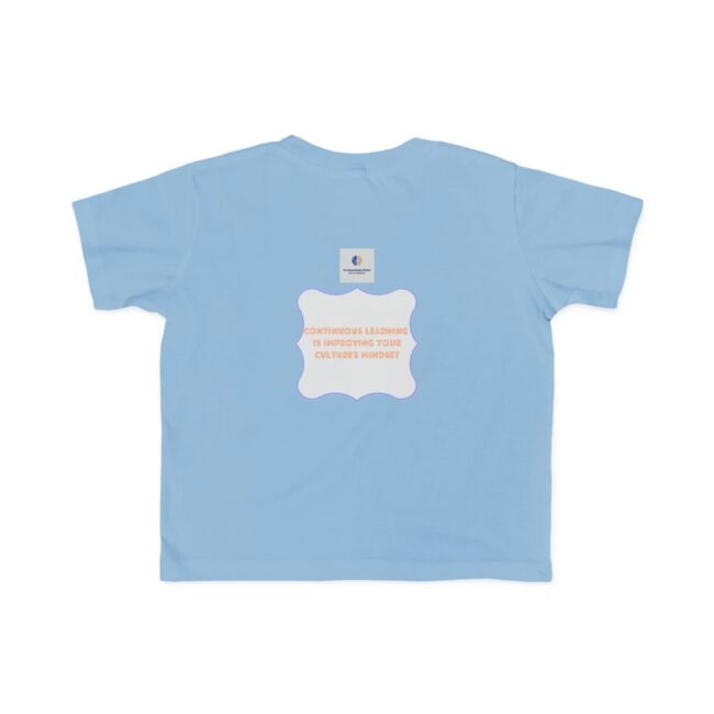Light blue T-shirt with a white decorative back print: an orange-text line about continuous learning, plus a small square logo above the badge.