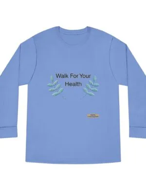 10917842535782480365_2048jpeg Blue long-sleeve shirt with embroidered green leaf accents framing the text 'Walk For Your Health'.