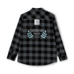 Back of a black-and-gray plaid shirt with embroidered text 'Walk For Your Health' flanked by blue-green laurel branches.