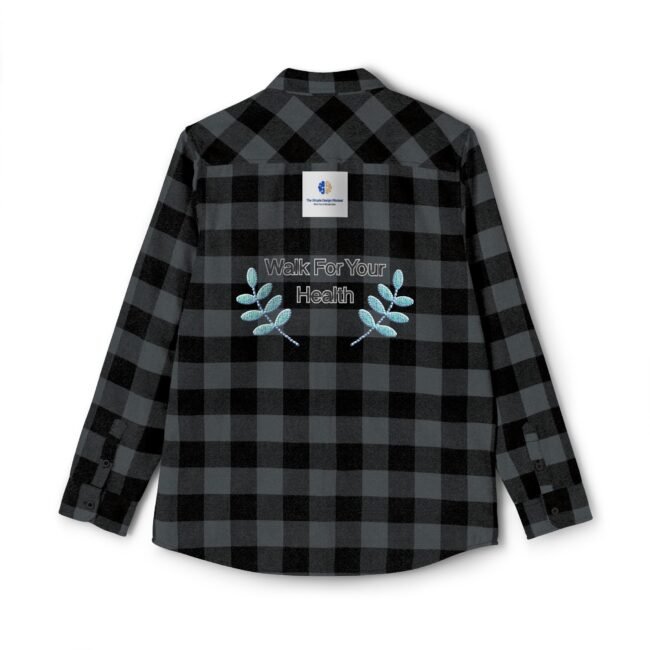 Back of a black-and-gray plaid shirt with embroidered text 'Walk For Your Health' flanked by blue-green laurel branches.