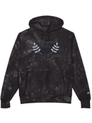 11849164314337270880_2048jpeg Black tie-dye hoodie with 'Walk For Your Health' laurel embroidery on chest and small patches on sleeves and pocket area.