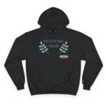 Black hoodie with teal embroidered leaf motifs and the text 'Walk For Your Health' on the chest; a small tag reads 'Designed By The Simple Design Mindset'