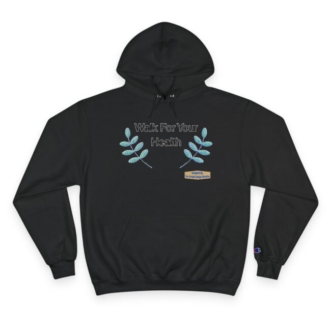 Black hoodie with teal embroidered leaf motifs and the text 'Walk For Your Health' on the chest; a small tag reads 'Designed By The Simple Design Mindset'