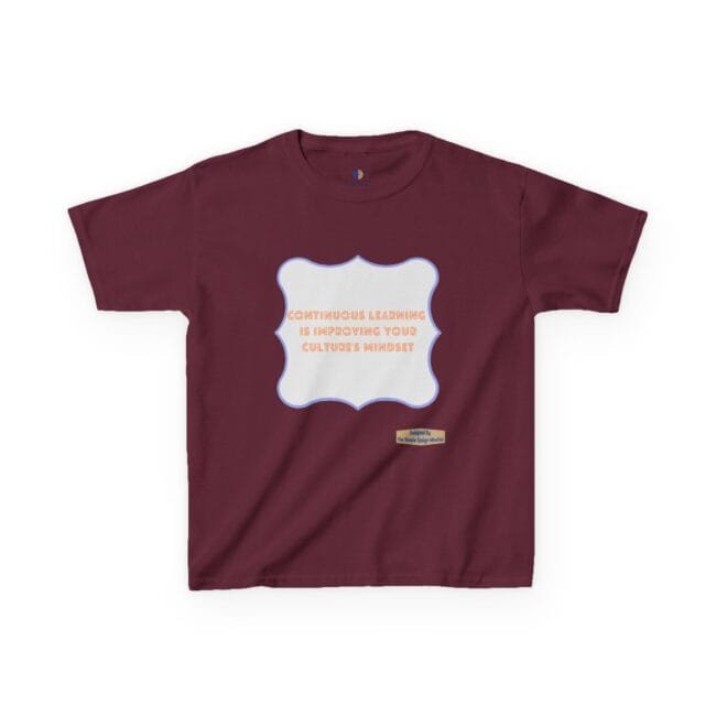 Maroon T‑shirt with a light gray decorative frame outlined in blue, containing orange text about continuous learning.