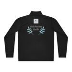 Black long-sleeve polo shirt with embroidered 'Walk For Your Health' text and blue leaf wreath on the back, plus a small square logo above the design.