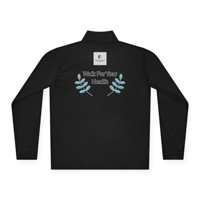 Black long-sleeve polo shirt with embroidered 'Walk For Your Health' text and blue leaf wreath on the back, plus a small square logo above the design.