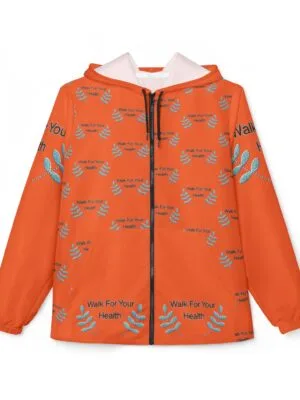 12271699419372556286_2048jpeg Orange zip-front hooded jacket with a pale pink lining, covered in blue leafy patterns and the slogan 'Walk For Your Health' repeating across the fabric.