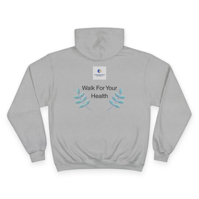 Grey hoodie featuring 'Walk For Your Health' with blue-green leafy sprigs beneath the text and a small square logo above.