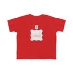 Red t-shirt back features a light blue scalloped badge with orange text about continuous learning; a small square logo sits above the badge.