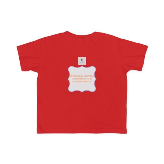 Red t-shirt back features a light blue scalloped badge with orange text about continuous learning; a small square logo sits above the badge.