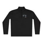 Black long-sleeve pullover with a short zipper and stand-up collar, featuring a small embroidered emblem on the left chest.