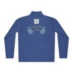 Blue long-sleeve shirt with a white square logo on the back and the text 'Walk For Your Health' flanked by teal laurel branches.