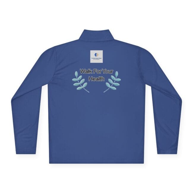 Blue long-sleeve shirt with a white square logo on the back and the text 'Walk For Your Health' flanked by teal laurel branches.