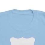 Light blue T-shirt with a large white bone graphic outlined in purple on the chest area.