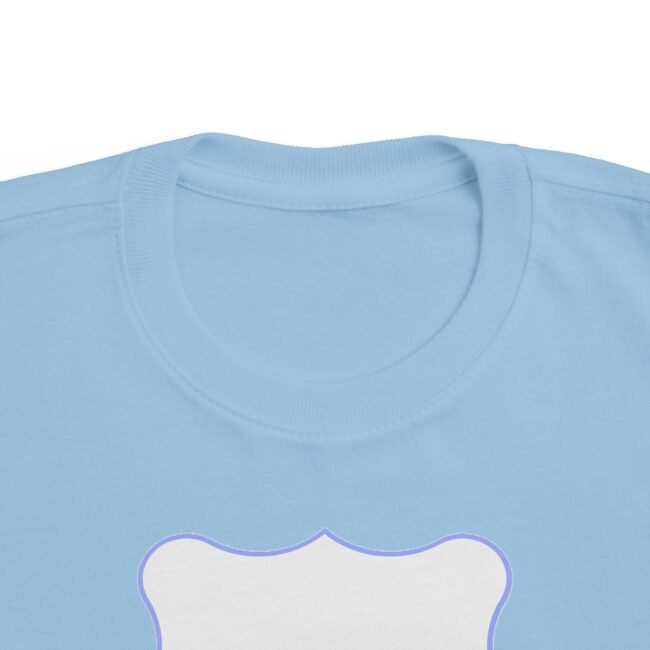 Light blue T-shirt with a large white bone graphic outlined in purple on the chest area.