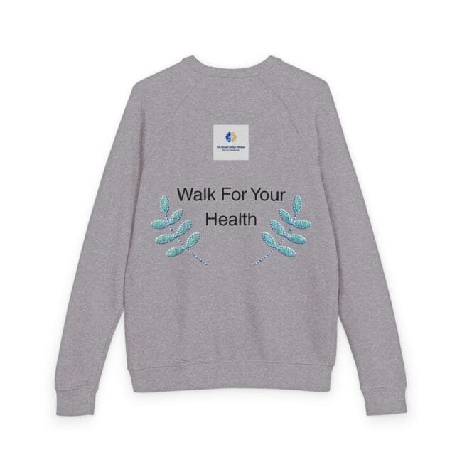 Gray crewneck sweatshirt with the slogan 'Walk For Your Health' and teal leaf embroidery on the front, plus a small logo patch on the upper back.