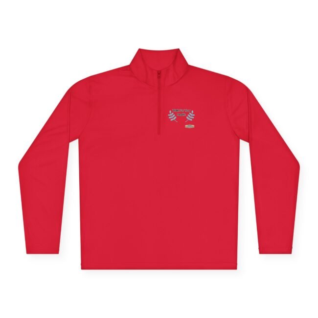 Red long-sleeve, quarter-zip shirt in bright red with a small chest logo that says 'Walk For Your Health'.