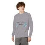 Man wearing a light gray sweatshirt with the slogan 'Walk For Your Health' and blue leaf embroidery on the front.