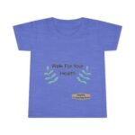 Blue t-shirt with 'Walk For Your Health' message and teal leaf motifs on the front, plus a small designer label near the bottom.
