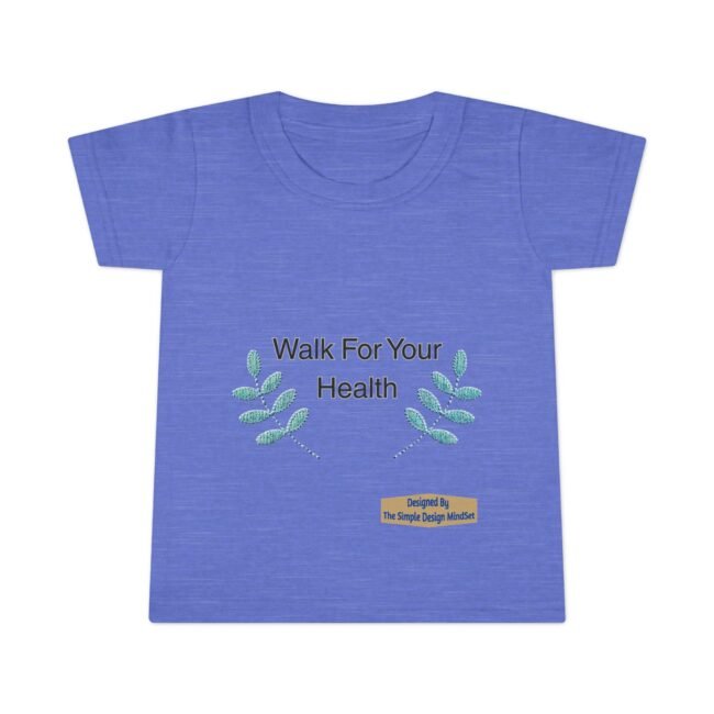 Blue t-shirt with 'Walk For Your Health' message and teal leaf motifs on the front, plus a small designer label near the bottom.