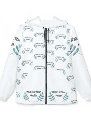 15280060930445853666_2048jpeg White zip-front jacket with teal leaf pattern and the slogan 'Walk For Your Health' repeated across the fabric.