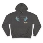 Dark gray hoodie with teal-blue leafy embroidery and the text 'Walk For Your Health' on the chest. Small designer tag near the logo.