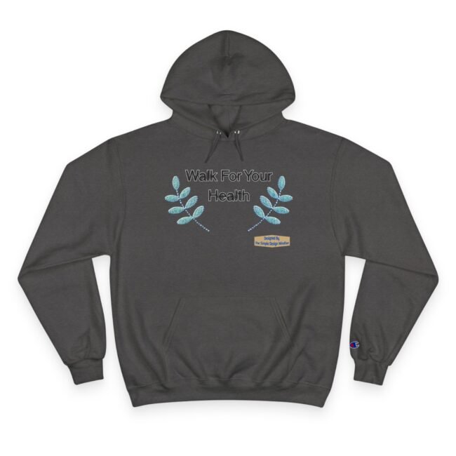 Dark gray hoodie with teal-blue leafy embroidery and the text 'Walk For Your Health' on the chest. Small designer tag near the logo.