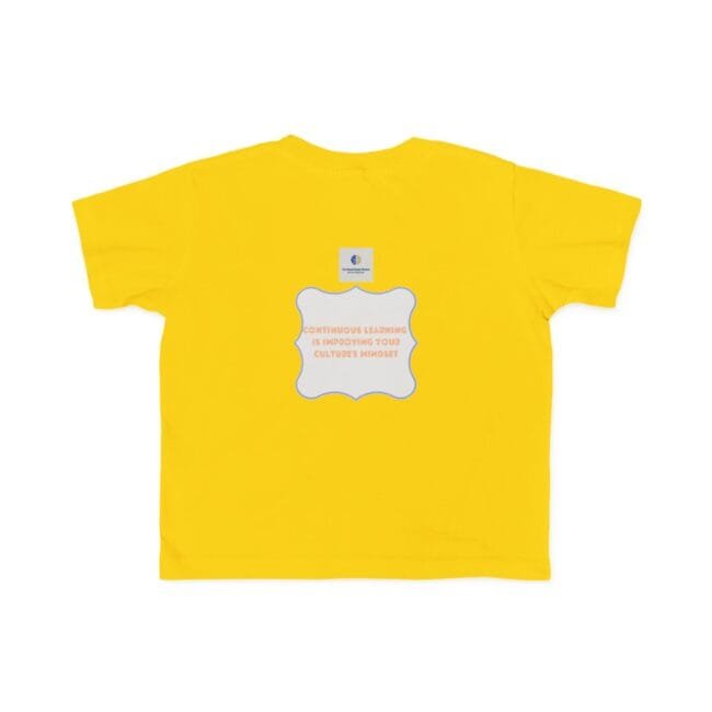 Bright yellow T-shirt featuring a lavender decorative back patch with orange text: 'Continuous learning is improving your culture's mindset,' and a small square logo above it.