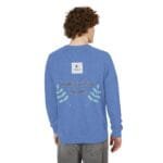 Back view of a blue sweatshirt with embroidered green leaves on the sides and the words 'Walk For Your Health' on the back, worn by a person with curly hair.